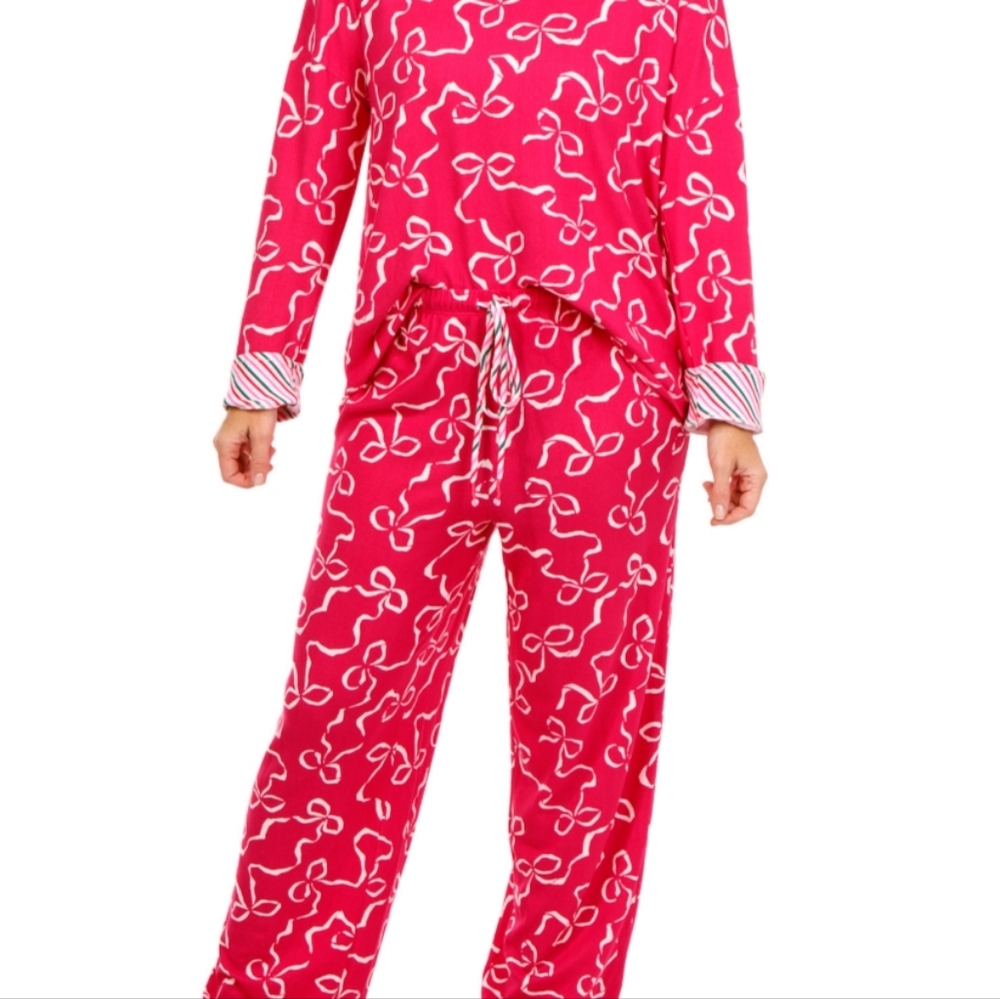Ellen Tracy Pink Bow Long Sleeve Top & Pajama Pant Set Size XL Like New